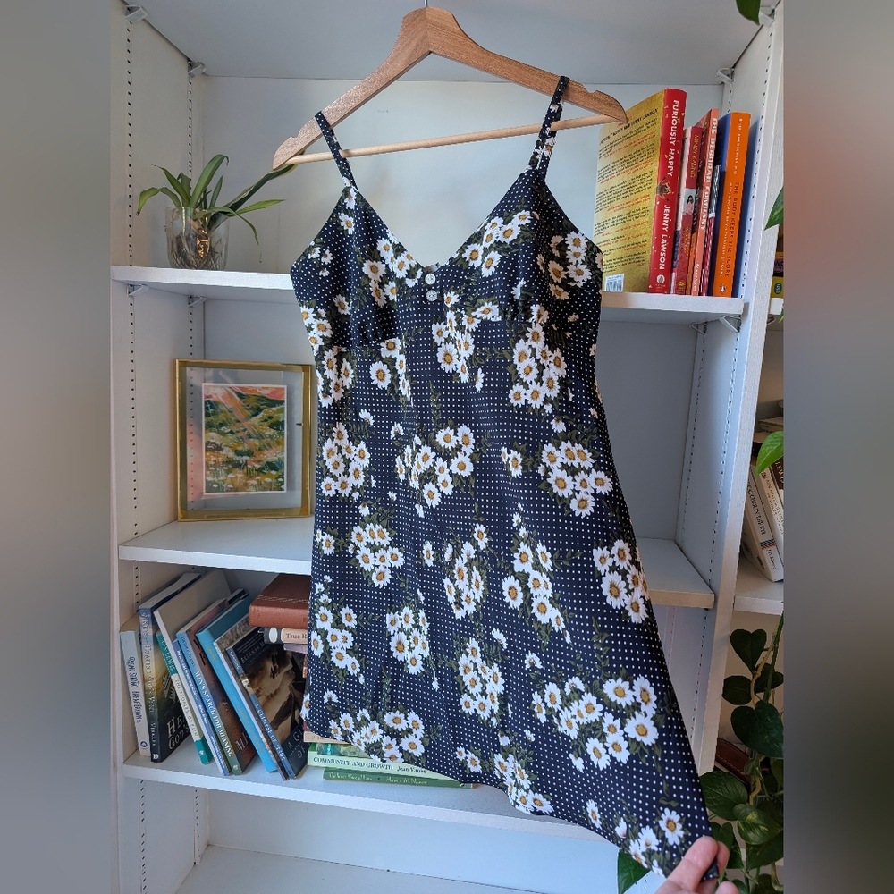 Y2K Women's Mini Slip Dress Floral Daisy Navy Blue White Polka Dot Size Large - Picture 6 of 10